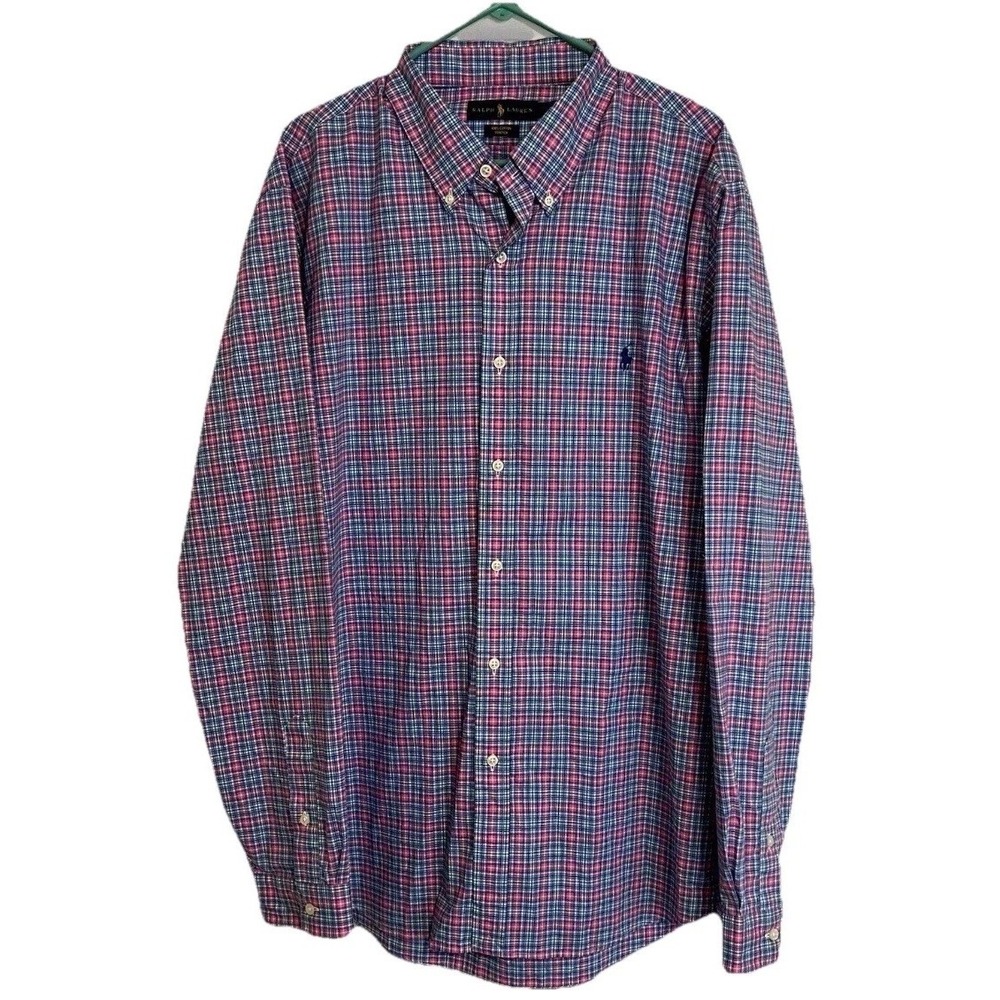 Ralph Lauren Mens XXL 100% Cotton Blue Pink Green Plaid Long Sleeve Dress Shirt